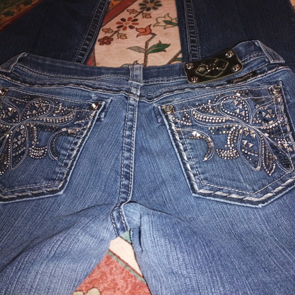 Miss Me Denim Straight Leg Jeans with Intricate Silver Detailing